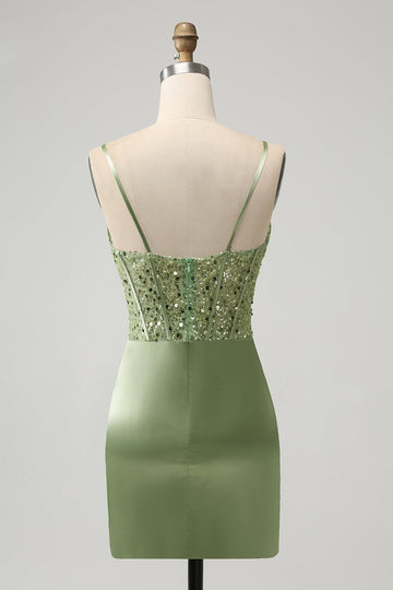 Glitter Sage Bodycon Corsé de lentejuelas Vestido corto de regreso a casa con abertura